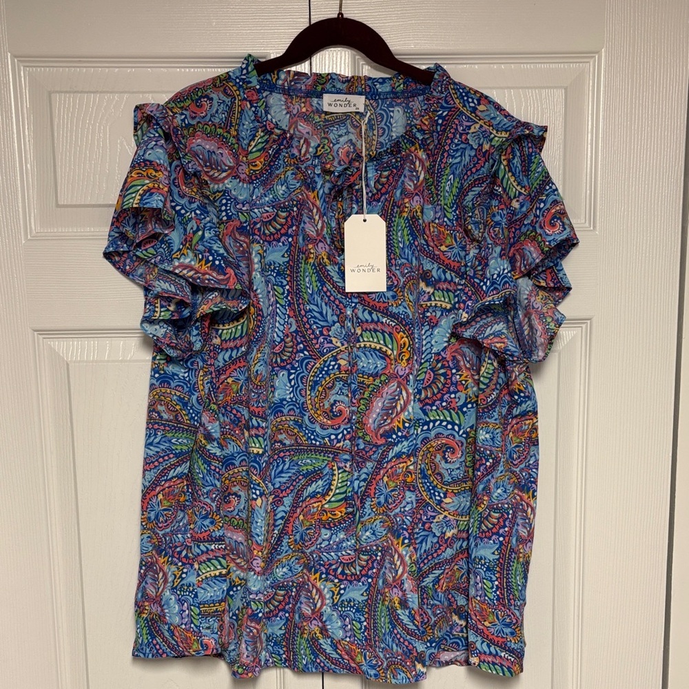 Wonders Blue Paisley Ruffle-Sleeve Blouse - Lightweight Women's Top